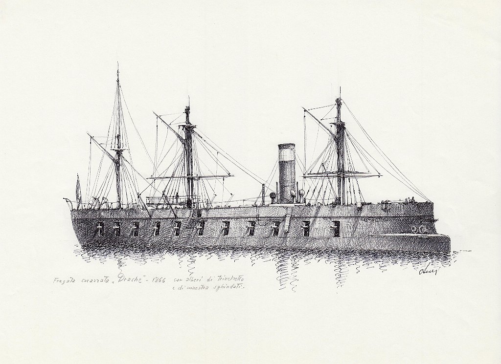 16-Fregata corazzata 'Drache' - 1866 - con alberi di trinchetto e maestra sghindati